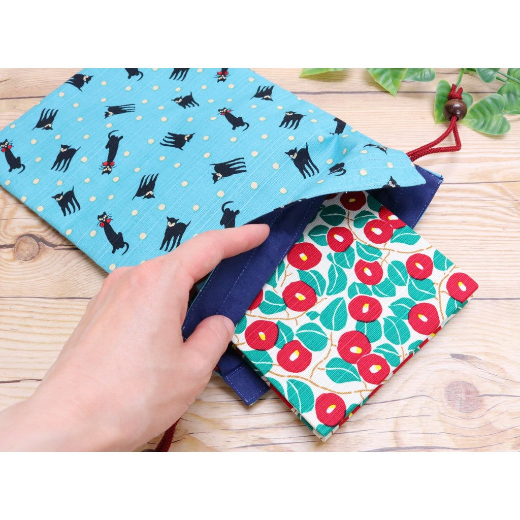 京友 Japanese-made Drawstring Bag for Goshuin Book, Cotton, 18×26.5cm, Pouch Case, Yumenoji, Black Cat, Blue