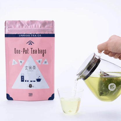 Ippodo Tea Shop Triangular Tea Bag Genmaicha - Pack of 9 Bags - Premium Japanese Green Tea Blended with Roasted Brown Rice