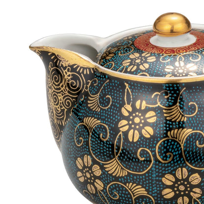 [Made in Japan] Kutani Ware Iwataya "Kutani Teapot" with Strainer - Blue Dots and Iron Flower Design K8-570, Ideal for Japanese Tea Lovers.