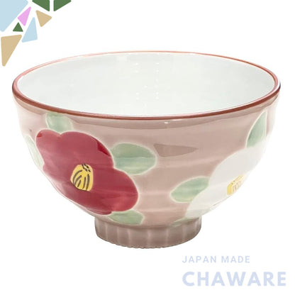 【made in japan】
Hand-Painted Hasami Porcelain Rice Bowl by Yamashita Toen, Glazed Camellia Design, Pink Color, Ideal for