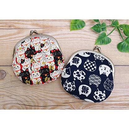 Kyoyu Japanese-made clasp wallet, coin and small item purse, cat pattern, Nyankomon, 3.3 inches, 12×11.5 cm, navy blue.