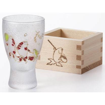 ADERIA Sake Glass Lucky Animals Goldfish Masu Sake Glass 100ml [Premium Nippon Taste / Hinoki Masu / Cup with Masu] Made in Japan Comes in Gift Box Birthday Gift Present 6783