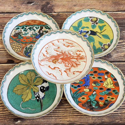 Waza no Kura Plate Set - Stylish Kutani Ware Small Plates, Set of 5, Era Painting, Ceramic, Japanese Tableware, Serving Plates, Made in Japan.