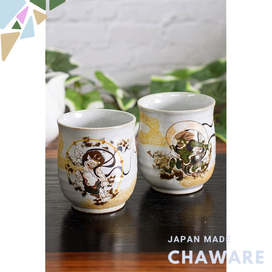 【made in japan】
Waza no Kura Stylish Pair of Yu-nomi Teacups, Kutani Porcelain, Couple's Tea Cups, Fūjin Raijin Design, 