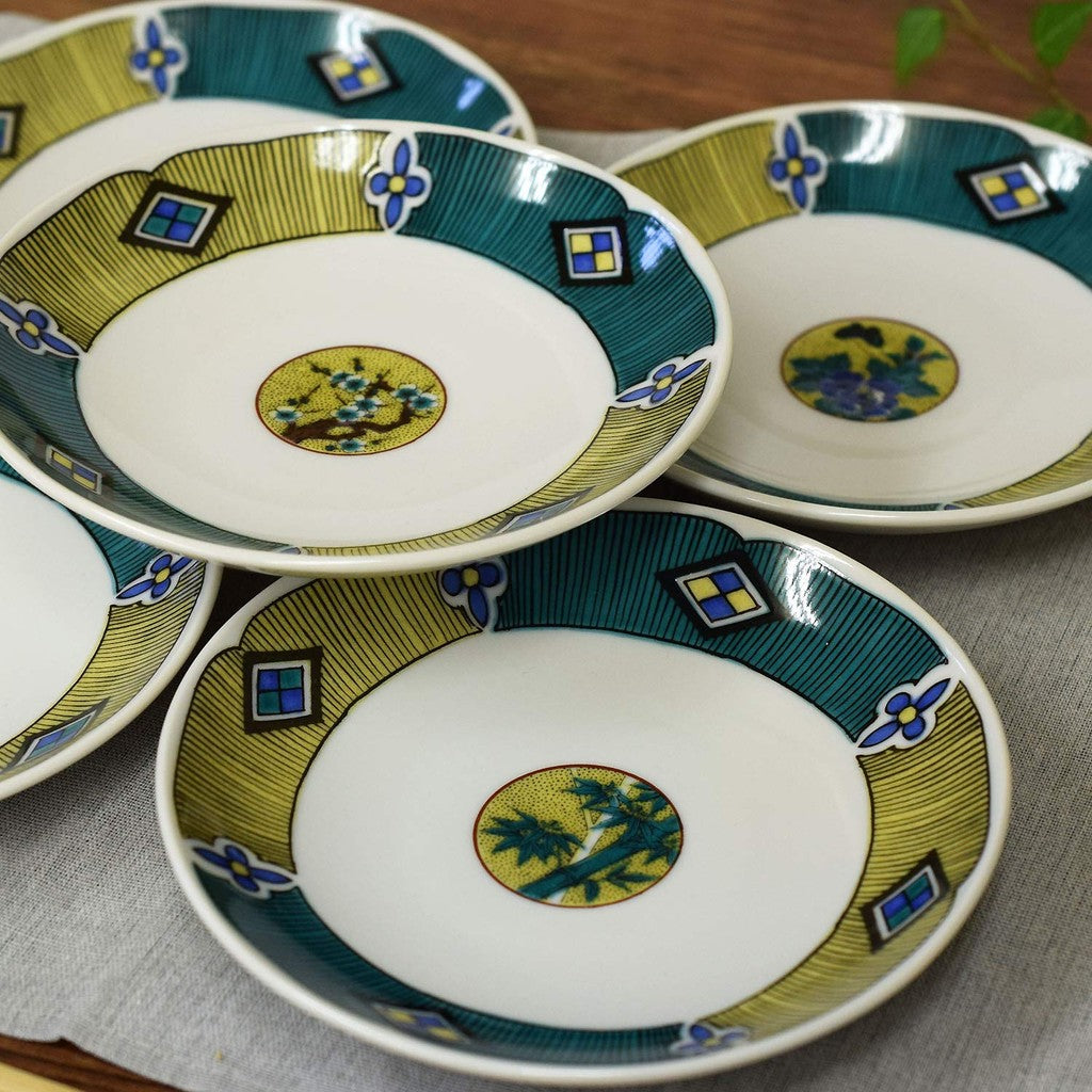 Waza no Kura Plate Set - Stylish Tableware - Kutani-yaki Small Plates - Set of 5 - Round Pattern - Ceramic Japanese Tableware - Serving Plates - Made in Japan