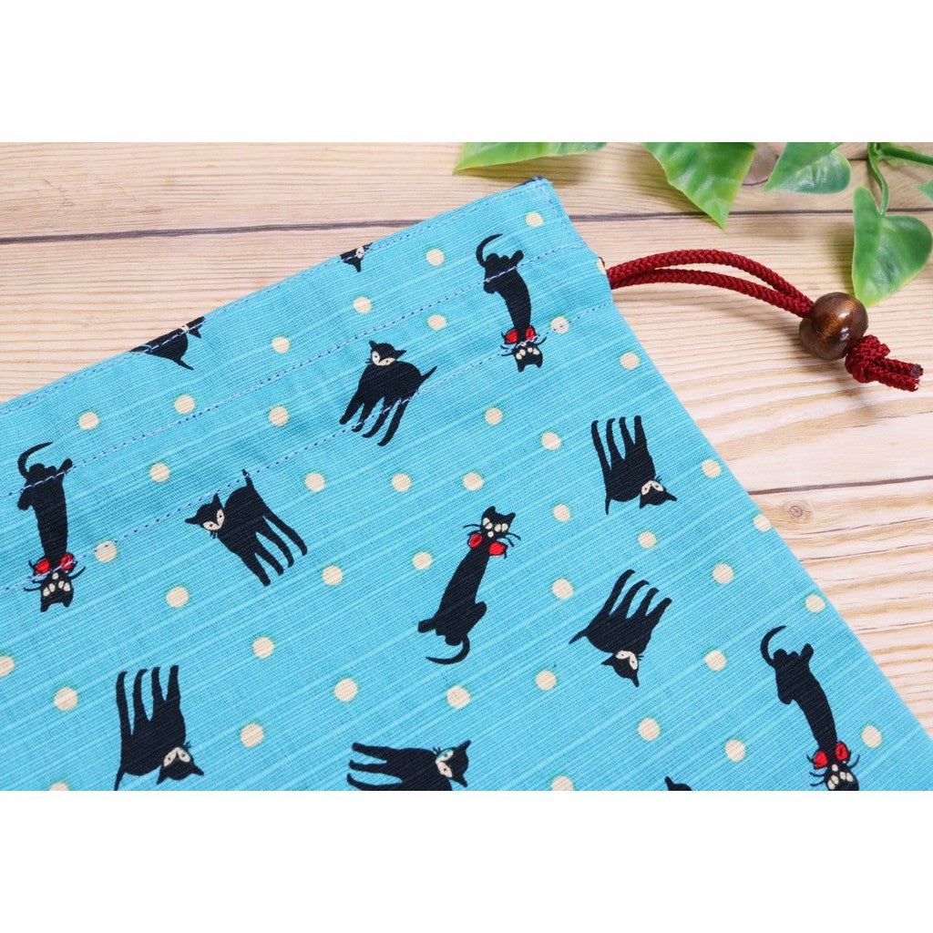 京友 Japanese-made Drawstring Bag for Goshuin Book, Cotton, 18×26.5cm, Pouch Case, Yumenoji, Black Cat, Blue