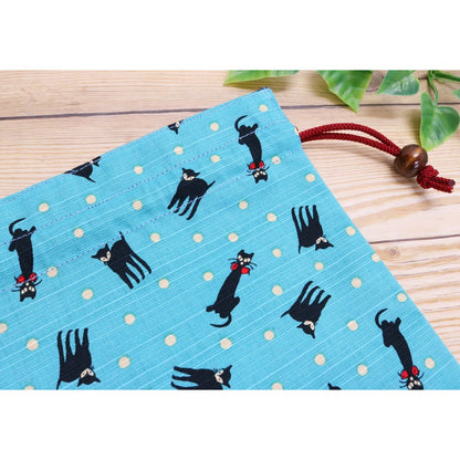 京友 Japanese-made Drawstring Bag for Goshuin Book, Cotton, 18×26.5cm, Pouch Case, Yumenoji, Black Cat, Blue