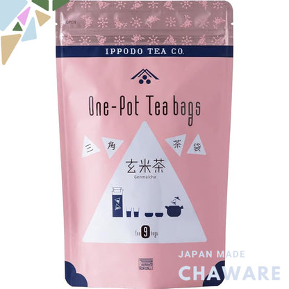 Ippodo Tea Shop Triangular Tea Bag Genmaicha - Pack of 9 Bags - Premium Japanese Green Tea Blended with Roasted Brown Ri