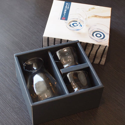 ADERIA Sake Set Clear (1 Carafe 290ml, 2 Cups 100ml)Tasting Sake Glass Gift Set in Box Made in Japan