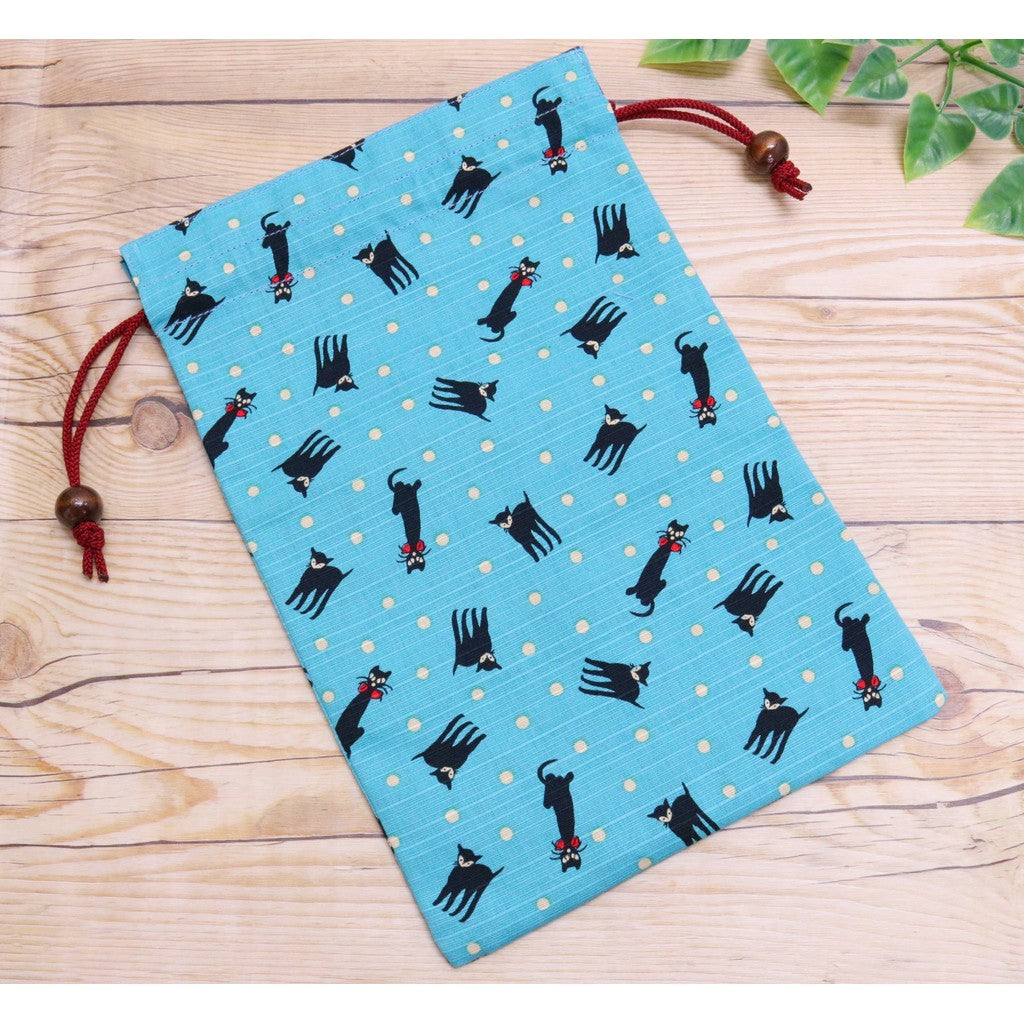 京友 Japanese-made Drawstring Bag for Goshuin Book, Cotton, 18×26.5cm, Pouch Case, Yumenoji, Black Cat, Blue