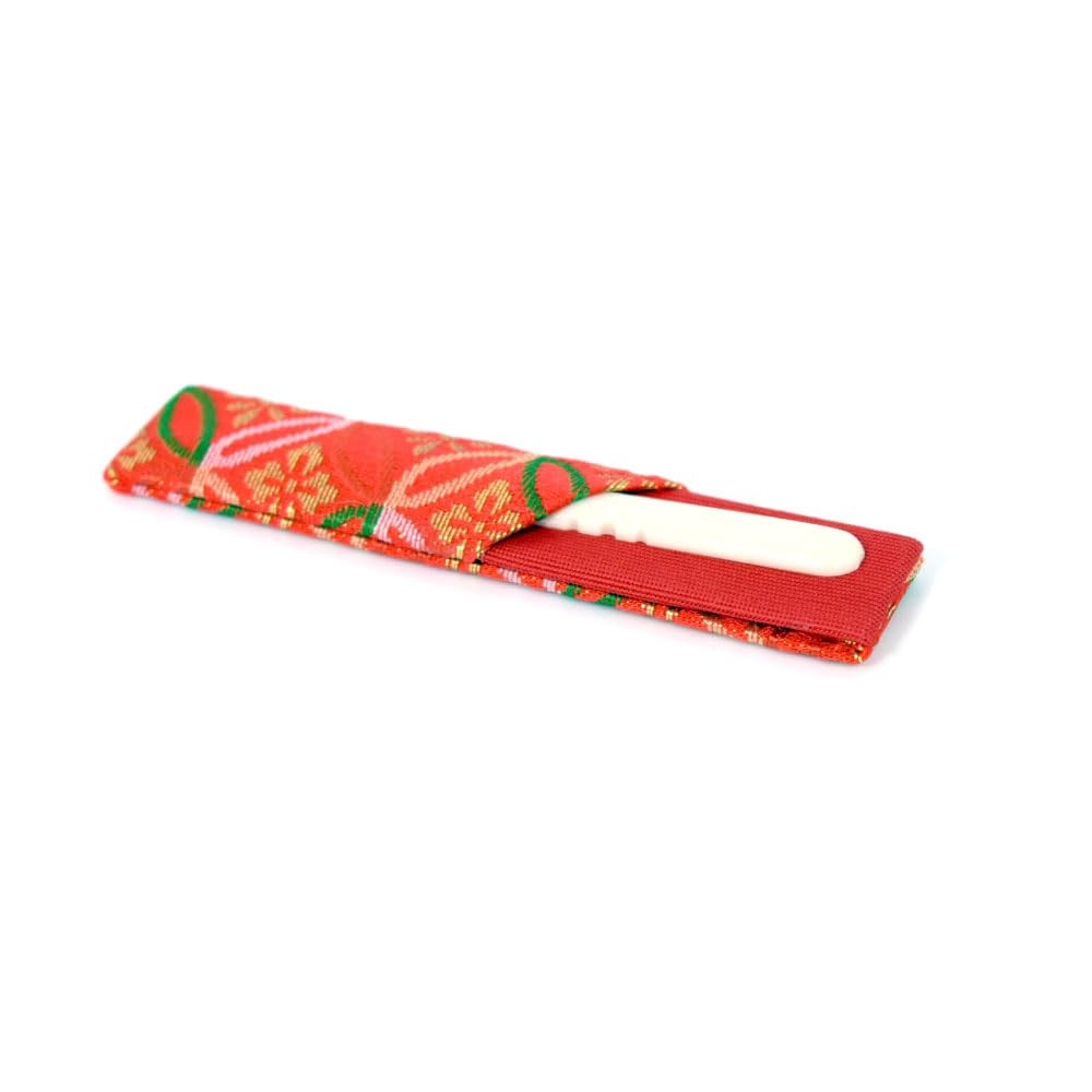 Tea ceremony utensils practice set, includes: hankey holder, hankey (shizu), red fukusa, fan (5-inch white bamboo), toothpick holder with plastic toothpick, Ura-senke style, for women.