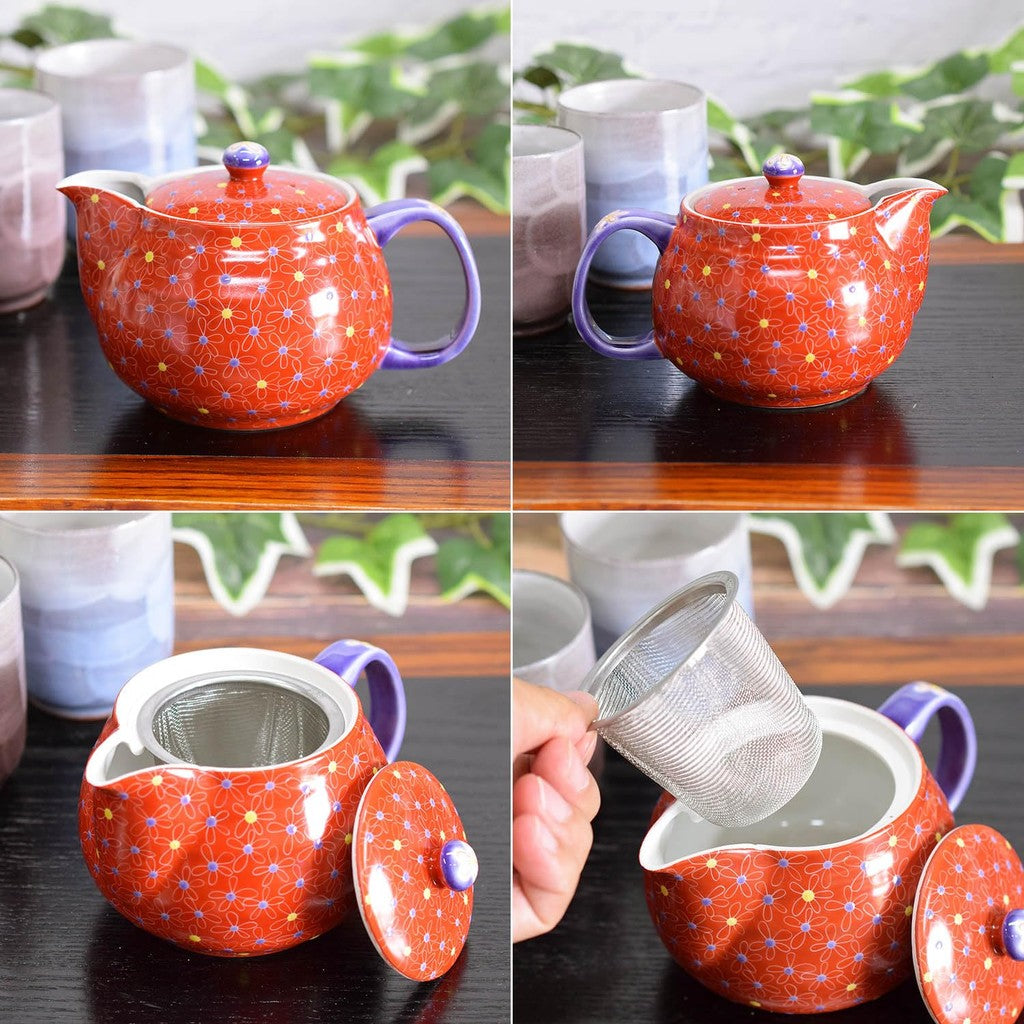 【made in japan】
Elegant Japanese Kyusu Teapot - Kutani Ceramic with Vermilion Floral Design, Includes Infuser, Authentic Japanese Tableware. Perfect for Tea Lovers!