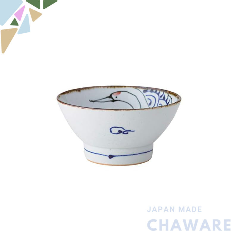 【made in japan】
Koto Hogi Hasami Ware Rice Bowl - 12cm White Porcelain with Crane Design, Nishikai Pottery Kurawanka Bow