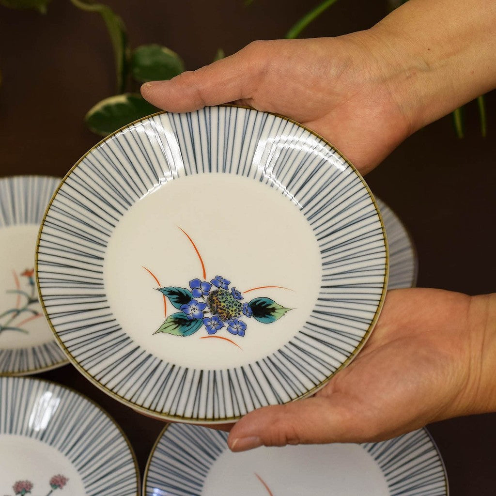 Waza no Kura Stylish Plate Set - Kutani Ware Medium Plates (Set of 5) with Five Grass Flowers Design - High-Quality Ceramic Tableware - Japanese Tableware - Side Plates - Made in Japan - Perfect for Wedding Gifts and Presents.