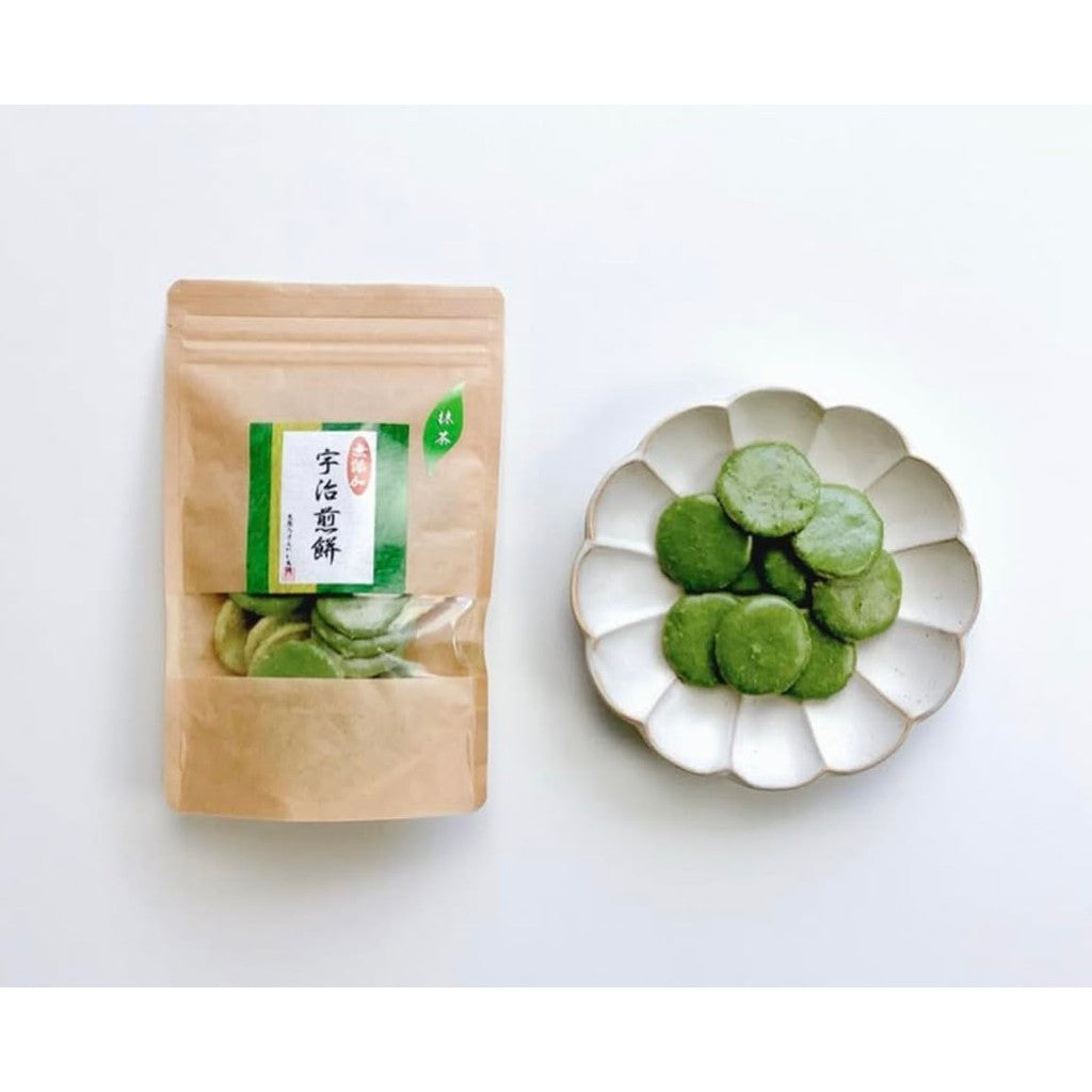 Kyoto Uji Matcha Senbei Rice Crackers - 50g Zipper Bag (1 Pack) from Higashiyama Seika. Premium Uji matcha, hand-brushed by artisans, full of fragrant flavor. No artificial coloring or additives. Perfect snack, gift, or tea accompaniment. Ideal for giftin