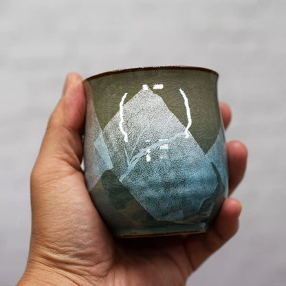 Waza no Kura Kutani ware tea cup, silver glaze, light blue ceramic, brand, Japanese tableware, yunomi tea bowl, gift for the celebration of longevity (77th birthday).