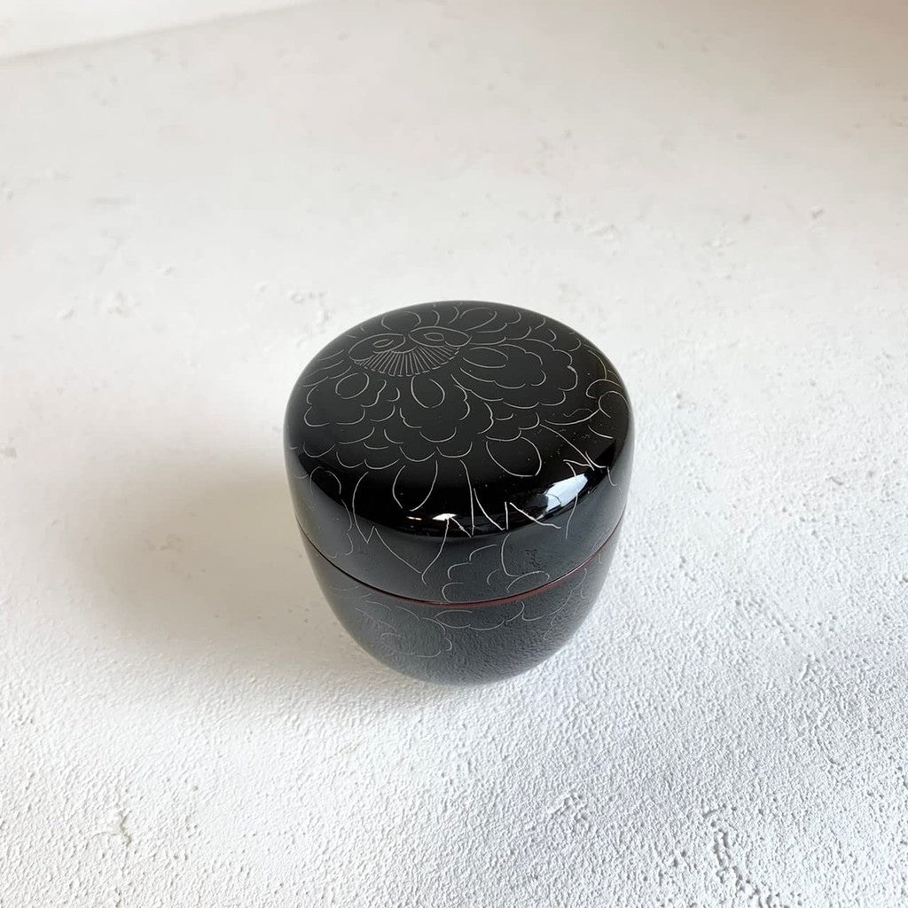 Nomura Lacquer Shop, Echizen Lacquerware, Platinum Peony Carved Tea Bowl, Dark Brown, 11-17409