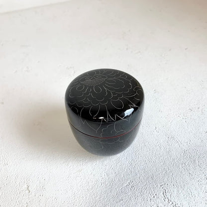 Nomura Lacquer Shop, Echizen Lacquerware, Platinum Peony Carved Tea Bowl, Dark Brown, 11-17409