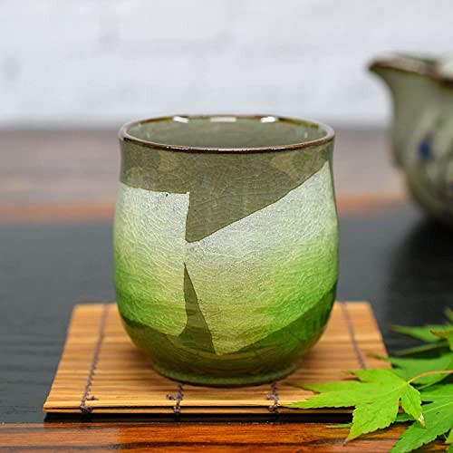 Kutani Ware Tea Cup with Silver Decoration, Green Ceramic, Japanese Tableware, Yunomi Tea Bowl