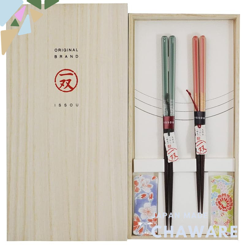 Set of Two Japanese Couple's Chopsticks with Lacquer Finish, Includes Paulownia Box and Chopstick Rests - Cherry Blossom