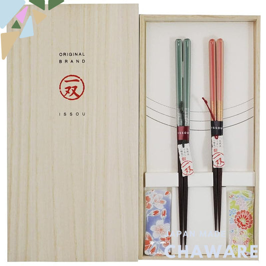 Set of Two Japanese Couple's Chopsticks with Lacquer Finish, Includes Paulownia Box and Chopstick Rests - Cherry Blossom