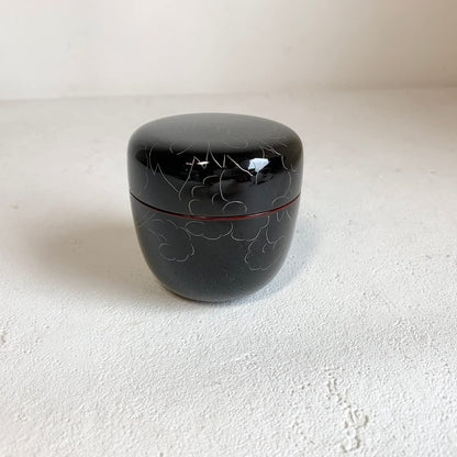 Nomura Lacquer Shop, Echizen Lacquerware, Platinum Peony Carved Tea Bowl, Dark Brown, 11-17409