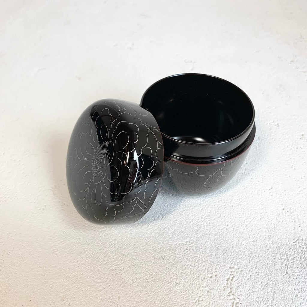 Nomura Lacquer Shop, Echizen Lacquerware, Platinum Peony Carved Tea Bowl, Dark Brown, 11-17409