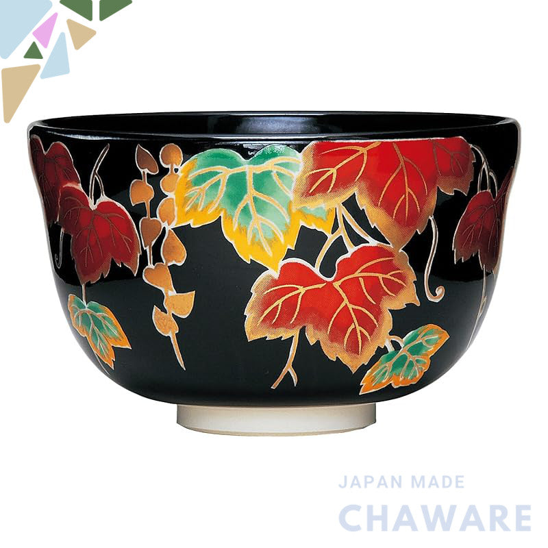 Miyachi Eikou Matcha Bowl Black Size: Diameter 12.4 x Height 7.8 cm Includes Black Nishiki Vine Design in a Decorative B