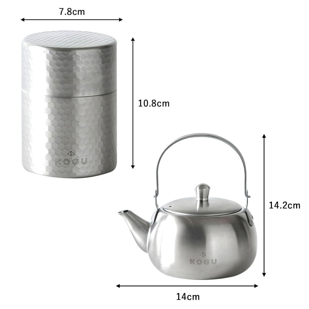 KOGU Tea Tools Gift Set 2-Piece Ceramic Teapot and Tea Canister [Made in Japan] Lightweight and Shatter-Resistant, Suitable for 2-3 Cups, Hygienic, Stainless Steel with Matte Finish, Gift Box 41319, Present for Birthday, Anniversary, Gift, Mother's Day, S