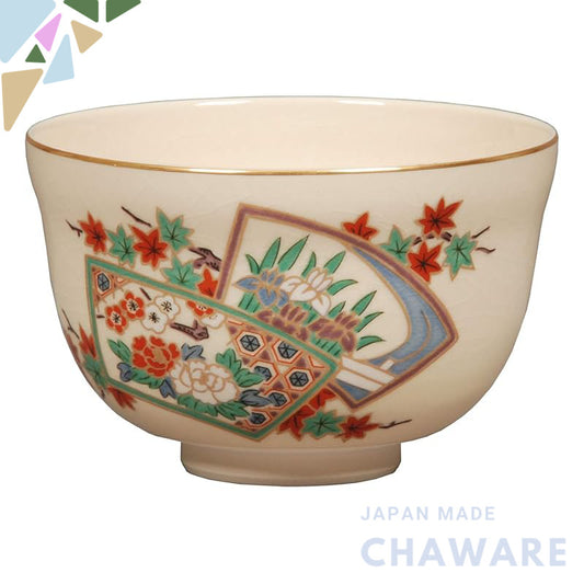 Miyachi Eikou Matcha Bowl White Size: Diameter 12.4 x Height 7.8 cm Design: Kinkyo Fan-shaped Flowers Comes in a Paper B