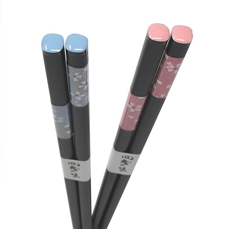 Couple's Chopsticks Pair - Wedding Gift / Anniversary - Wakasa Lacquer - Made in Japan - Dishwasher Safe - Nagomi Sakura (Blue/Pink) 23cm - Gentle Chopsticks (Black Box) - A Refined Wedding Gift - Present / Gift