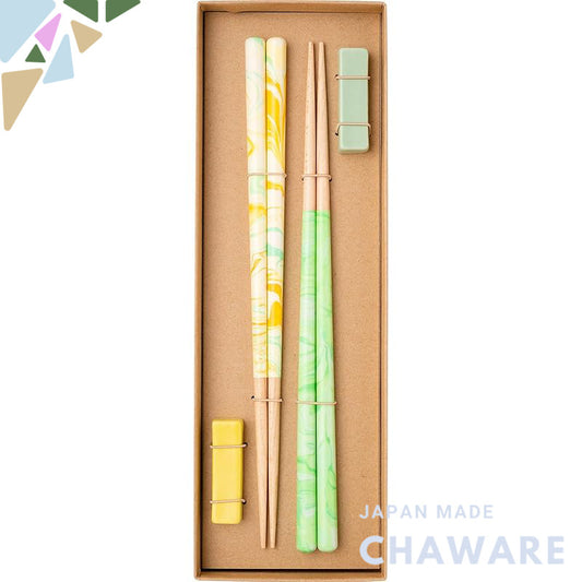 Dishwasher-Safe Natural Wood Couple's Chopstick Set with Holder - 22.5cm to 23cm - Multiple Designs - Made in Japan