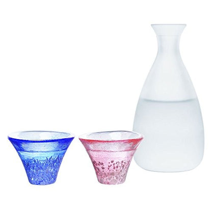 Toyo Sasaki Glass Cold Sake Set, Shofuku Cup, Mount Fuji, Made in Japan, Cup 35ml, Tokkuri 270ml, Blue & Red & White, Set of 3, G639-M76. Tokkuri: Diameter approx. 3.6cm / Height approx. 14.9cm, Cold Sake Cup: Diameter approx. 6.7cm / He
