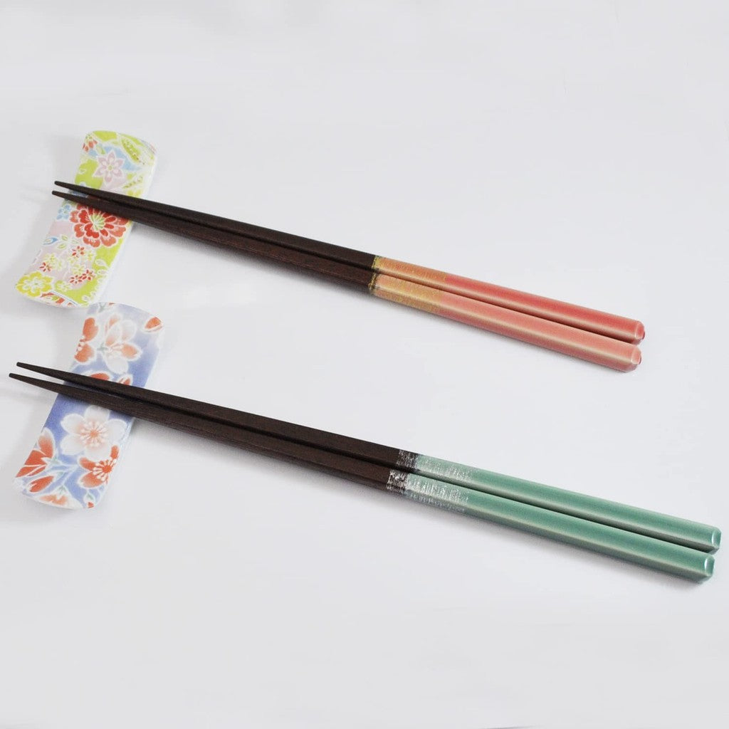 Set of Two Japanese Couple's Chopsticks with Lacquer Finish, Includes Paulownia Box and Chopstick Rests - Cherry Blossom / Hono / Hanabana Design, Made in Japan