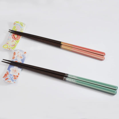Set of Two Japanese Couple's Chopsticks with Lacquer Finish, Includes Paulownia Box and Chopstick Rests - Cherry Blossom / Hono / Hanabana Design, Made in Japan