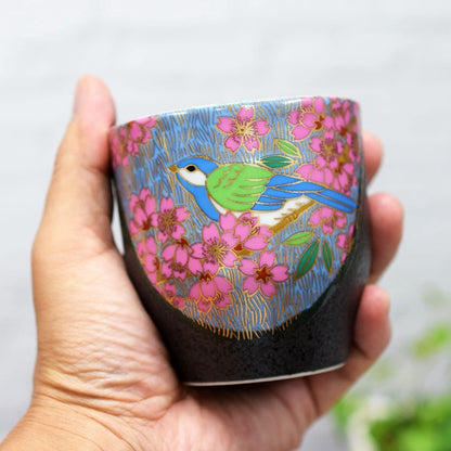 Waza no Kura stylish teacup, Kuta-yaki, gold cherry blossom and bird design, teacup bowl, ceramic, brand, Japanese tableware, made in Japan, birthday present, 60th birthday celebration, 70th birthday celebration, 77th birthday celebration, 80th birthday c