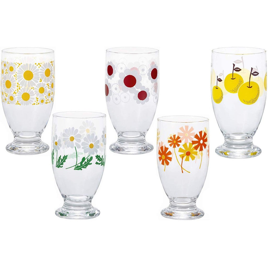 ADERIA Retro Glass Tumbler [With Base / 335ml / Assorted Set of 5 Designs] Comes in a Special Craft Box, Made in Japan