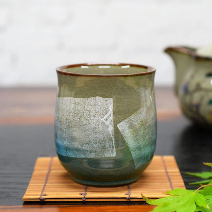 Waza no Kura Kutani ware tea cup, silver glaze, light blue ceramic, brand, Japanese tableware, yunomi tea bowl, gift for the celebration of longevity (77th birthday).