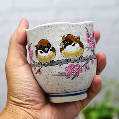 Waza no Kura Stylish Yunomi Kutani Ware Teacup Sparrows Yunomi Chawan Ceramic Brand Japanese Tableware Made in Japan Birthday Present Kanreki Celebration Koki Celebration Kiju Celebration Kanshu Celebration Beiju Celebration Gift