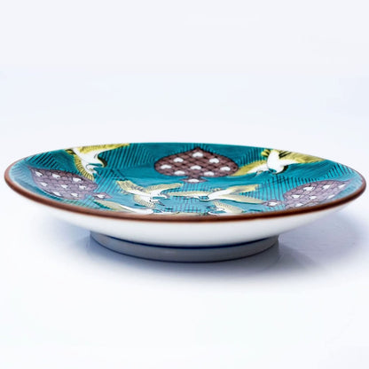 Waza no Kura Kutani Ware Small Plate, Ko-Kutani Green Crane Karuta Design Soy Sauce Dish, 10.5cm, Made in Japan