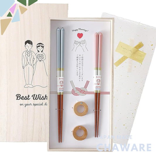 Champagne Pair Chopsticks Set with Holders - Wedding Gift for Couples in Wooden Box, Dishwasher Safe, Matching Pair of 2