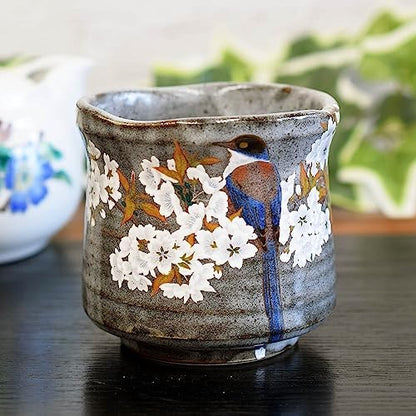 Waza no Kura Stylish Kutani Ware Yunomi Large Tea Cup with Mountain Cherry Blossoms and Birds Ceramic Brand Japanese Tableware Made in Japan Birthday Present for 60th Birthday Celebration, 70th Birthday Celebration, 77th Birthday Celebration, 80th Birthda