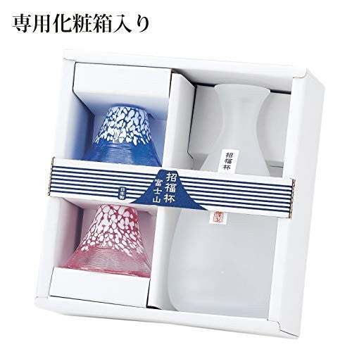 Toyo Sasaki Glass Cold Sake Set, Shofuku Cup, Mount Fuji, Made in Japan, Cup 35ml, Tokkuri 270ml, Blue & Red & White, Set of 3, G639-M76. Tokkuri: Diameter approx. 3.6cm / Height approx. 14.9cm, Cold Sake Cup: Diameter approx. 6.7cm / He