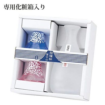 Toyo Sasaki Glass Cold Sake Set, Shofuku Cup, Mount Fuji, Made in Japan, Cup 35ml, Tokkuri 270ml, Blue & Red & White, Set of 3, G639-M76. Tokkuri: Diameter approx. 3.6cm / Height approx. 14.9cm, Cold Sake Cup: Diameter approx. 6.7cm / He