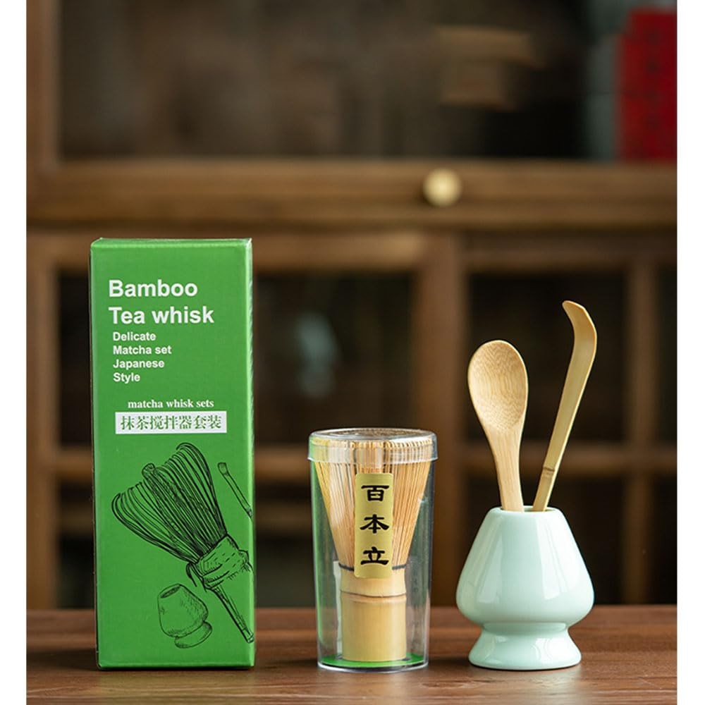 DFsucces Tea Ceremony Tools 3-Piece Set: 100-Bamboo Whisk Holder, Chasen (Tea Whisk), Chashaku (Tea Scoop), Bamboo Matcha Whisk - Traditional Tea Ceremony Craft