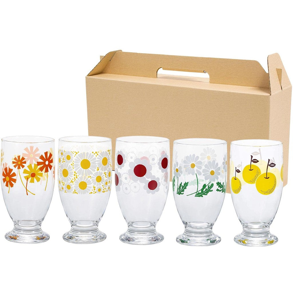ADERIA Retro Glass Tumbler [With Base / 335ml / Assorted Set of 5 Designs] Comes in a Special Craft Box, Made in Japan