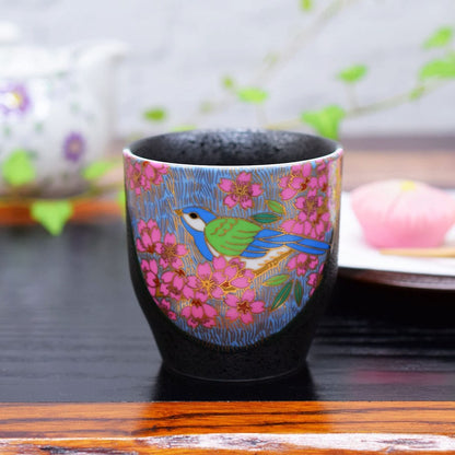 Waza no Kura stylish teacup, Kuta-yaki, gold cherry blossom and bird design, teacup bowl, ceramic, brand, Japanese tableware, made in Japan, birthday present, 60th birthday celebration, 70th birthday celebration, 77th birthday celebration, 80th birthday c