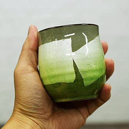 Kutani Ware Tea Cup with Silver Decoration, Green Ceramic, Japanese Tableware, Yunomi Tea Bowl