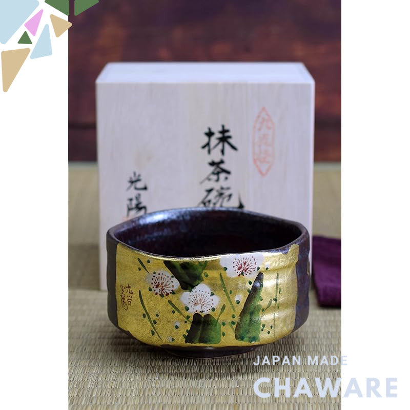 Matcha bowl ceramic tea ware Kutani ware matcha tea bowl gold leaf plum brand matcha rice bowl Japanese tableware made i