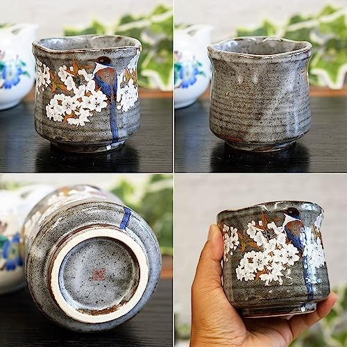 Waza no Kura Stylish Kutani Ware Yunomi Large Tea Cup with Mountain Cherry Blossoms and Birds Ceramic Brand Japanese Tableware Made in Japan Birthday Present for 60th Birthday Celebration, 70th Birthday Celebration, 77th Birthday Celebration, 80th Birthda